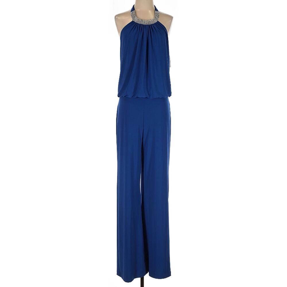 Vintage Cache Deadstock NWT Royal Blue Rhinestone Collar Halter Jumpsuit M